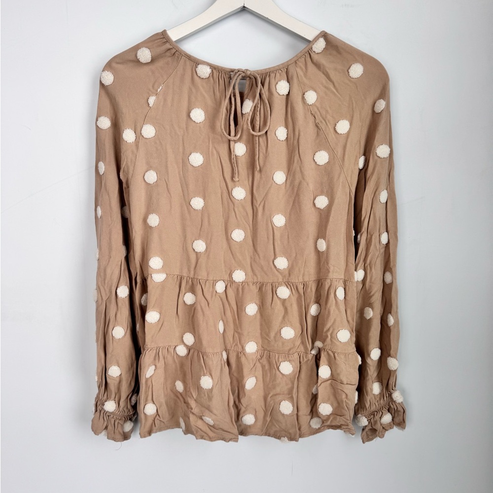 Blu Pepper Kaki & Ivory Polka Dot Round Neck Tie Babydoll Top Size Large - Picture 9 of 10